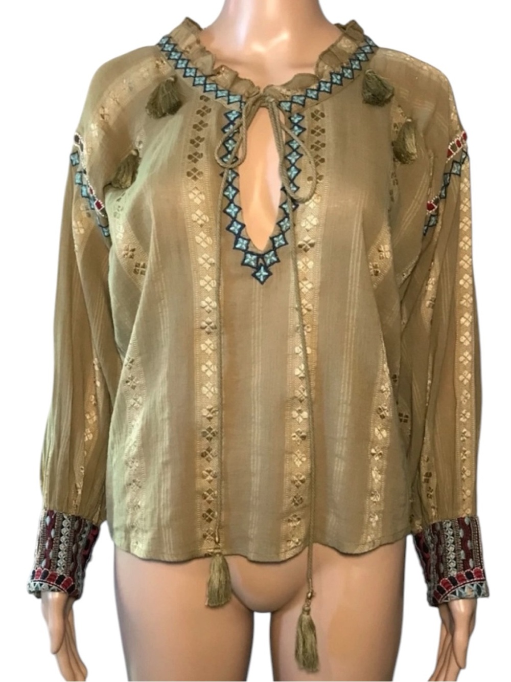 Z & L Women's Blouse Size S Embroidered Cotton Keyhole Tie Tassel Boho Top